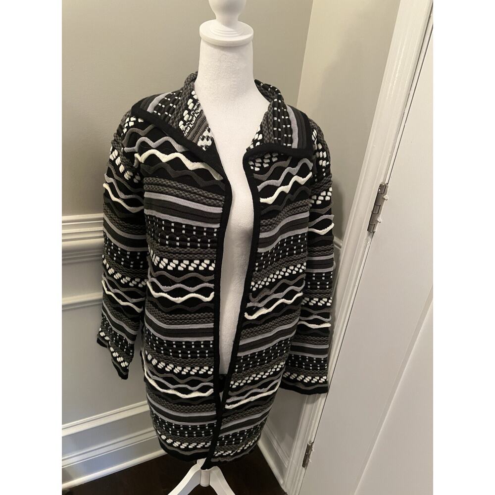 Womens Black Gray Jacquard Open Front Cardigan Size L Boho Aztec - Picture 2 of 11